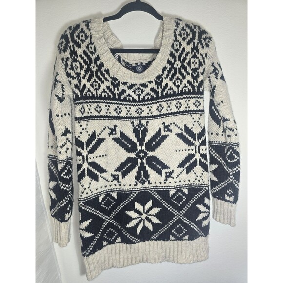 American Eagle Sweater Women's M Nordic Fair Isle Gray Ivory Black Classic - Picture 2 of 11